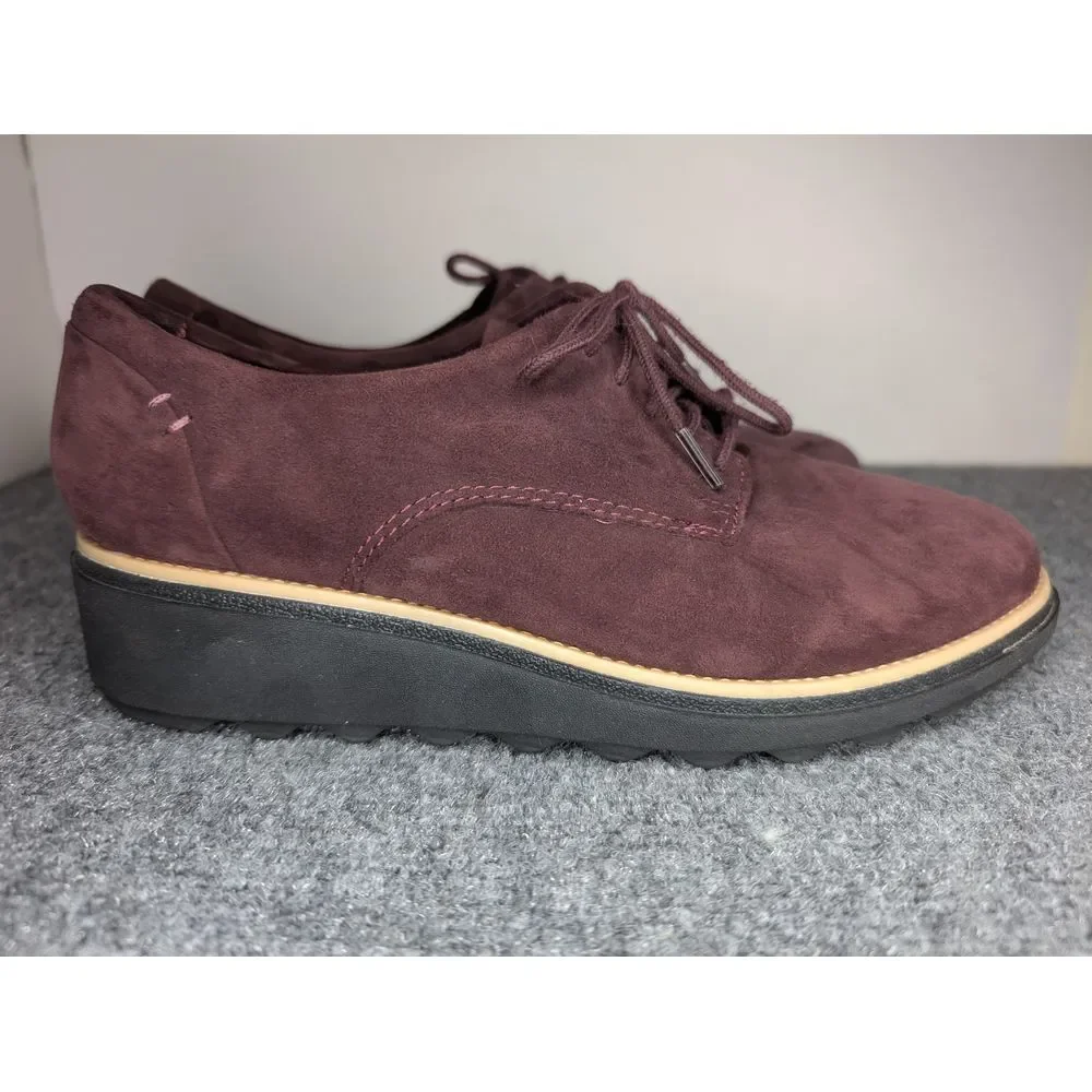 Clarks Women's Sharon Noel Oxford‎ Size 7 Platform Lace Up Shoe Burgundy Suede